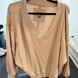 American Eagle AE Oversized Big Hug Waffle V Neck Sweater Pullover Cream